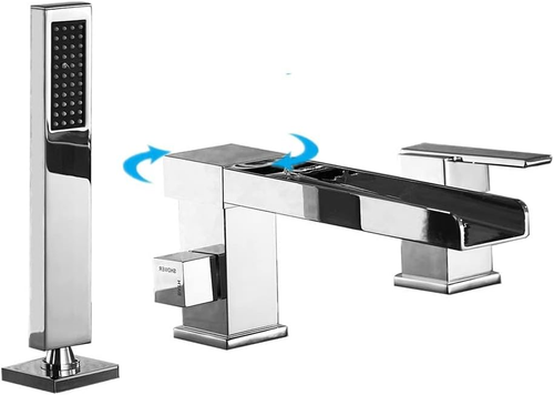 Waterfall Bathtub Faucet with Sprayer, 3-Hole Roman Tub Filler with Hand Shower