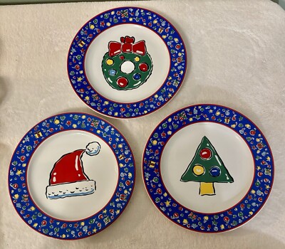 Decorative Christmas Plates By Block Basics, Christmas Party. 8 In. D. Set Of 3.