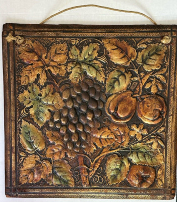 Antique 1850s Grapes & Leaves ,Pears Fruit Hand Crafted 3D Wall Plaque