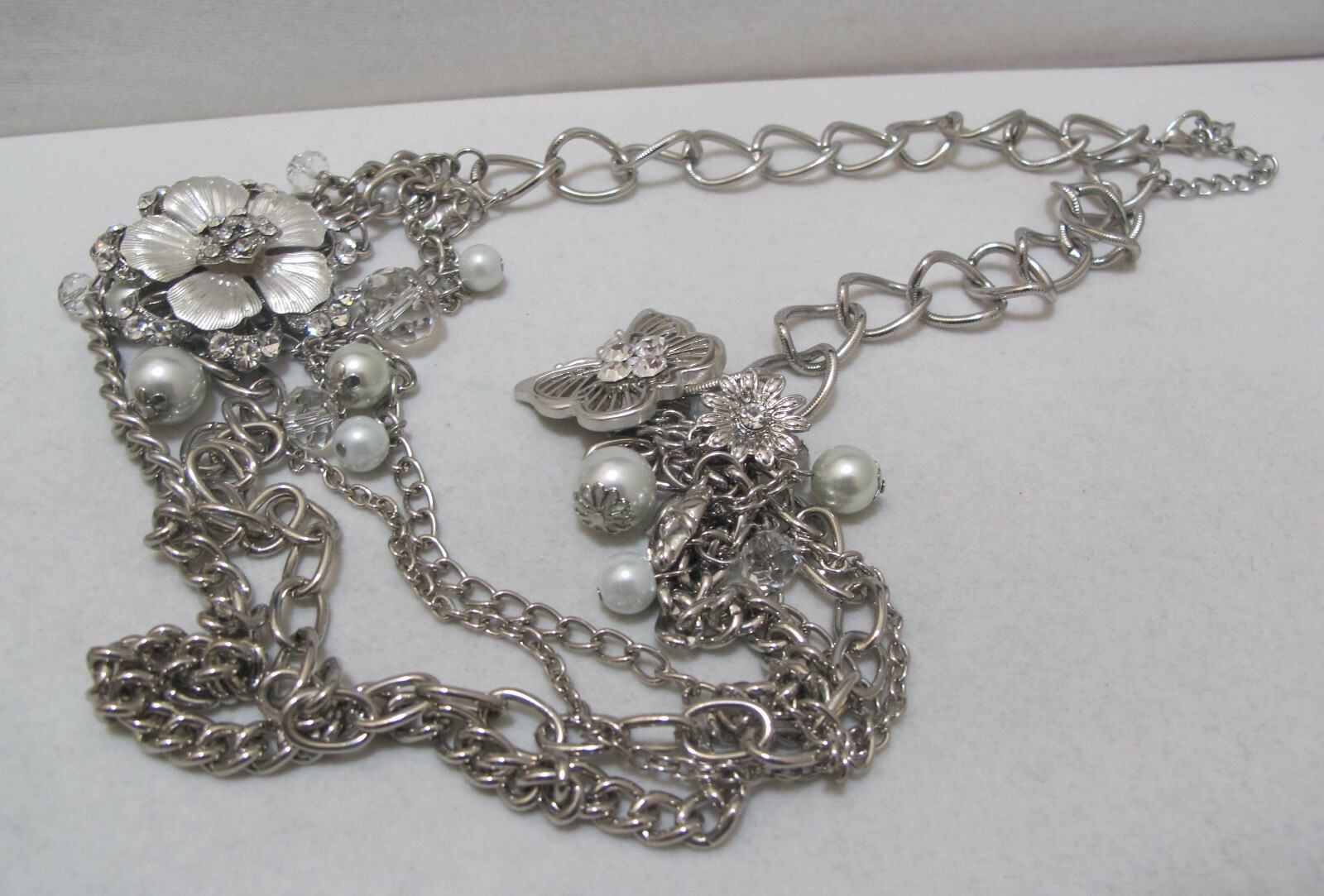 Statement Silver Tone Rhinestone FLOWER & BUTTERF… - image 4