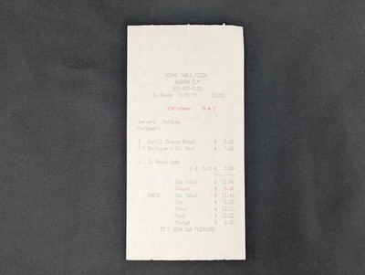 Round Table Pizza Receipt Auburn CA Feb 9 1993 Garlic Bread & Meat Pizza Vintage