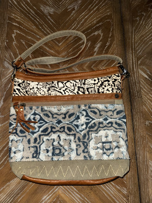 Myra Weblike Shoulder Bag Snake Cowhide Blue Tapestry Leather Trim