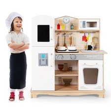 Costway Kids Wooden Pretend Kitchen Playset Cooking Play Toy w/ Utensils 
