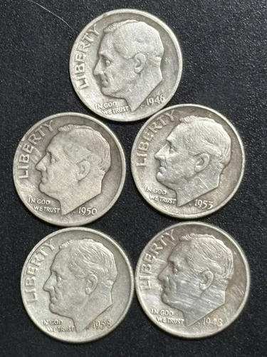 Lot Of 5 Roosevelt Dimes, 1946, 1948, 50-D, 53-D & 1958 D