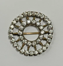 Antique Brass Circular Clear Paste Rhinestone Scarf Clip Buckle 1.75"