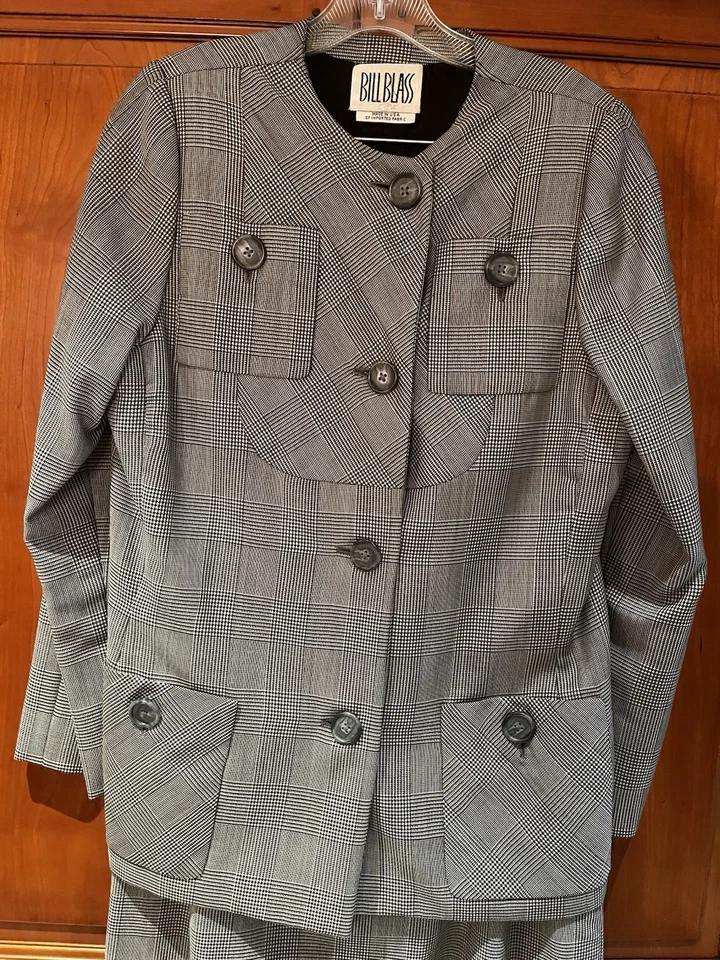 Vintage Bill Blass Size 14 Wool Gabardine Blk Wht Houndstooth Plaid Skirt Suit - Image 3 of 4