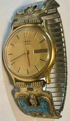 Timex Inlaid 925 Sterling  Tips Band Running Quartz Day Date Vintage Mens  Watch