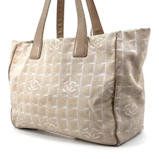 CHANEL Travel Line Tote Medium Beige Fabric Leather Authentic Used [Rank B]