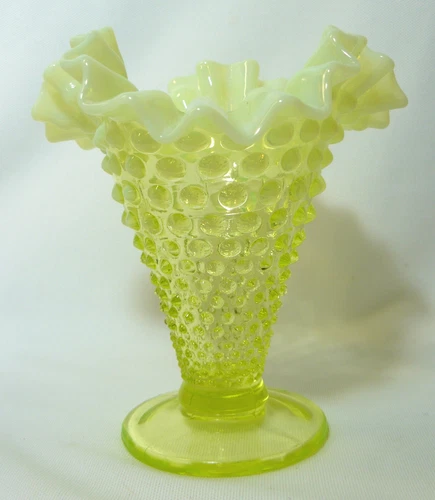 Fenton Topaz Opalescent (Vaseline) Hobnail Double Crimped Triangular Footed Vase