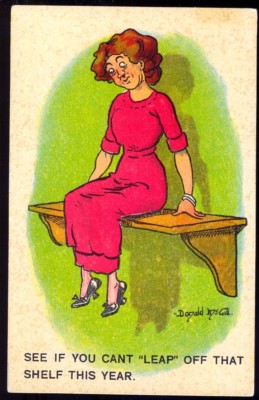 Vintage Comic Postkarte: Schaltjahressprung vom Regal. Kostenloser UK-Versand