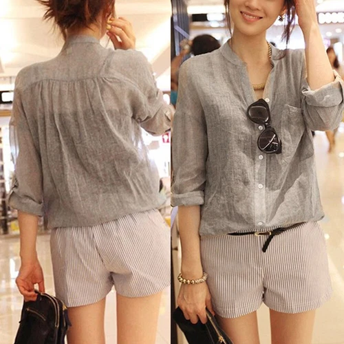 Damen Langarm Knopf Oberteile Leinen Hemd Bluse Cardigan Vintage Freizeit Dünn - Bild 3 von 29