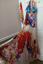 VTG Y2K Jovani colorful floral dress gown 100 silk liquid halter beaded 2 PROM
