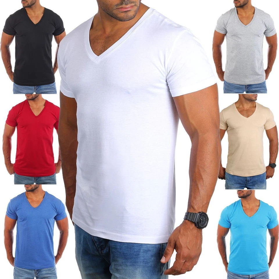 Young & Rich Herren Uni T-Shirt mit tiefem V-Ausschnitt deep v-neck slimfit 1875 - Bild 1 von 1