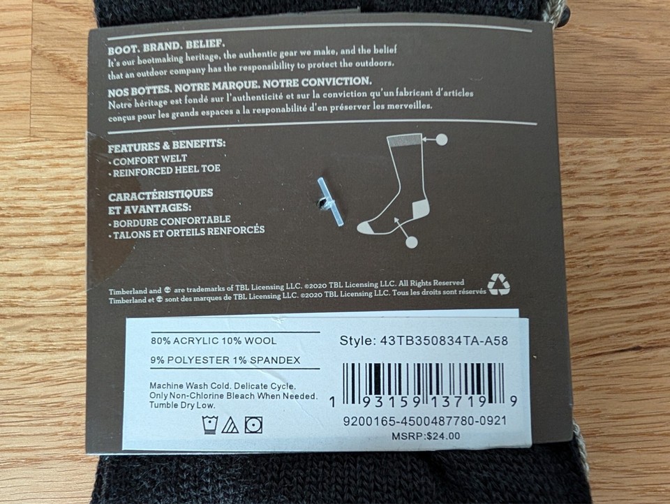 Timberland Men's Wool Blend Boot Socks 2 Pairs US Shoe Size 912 NEW