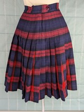 Red and Navy Womens Wool Plaid Pleated Reverible Skirt Sz 24"W 23"l MacLauchlin