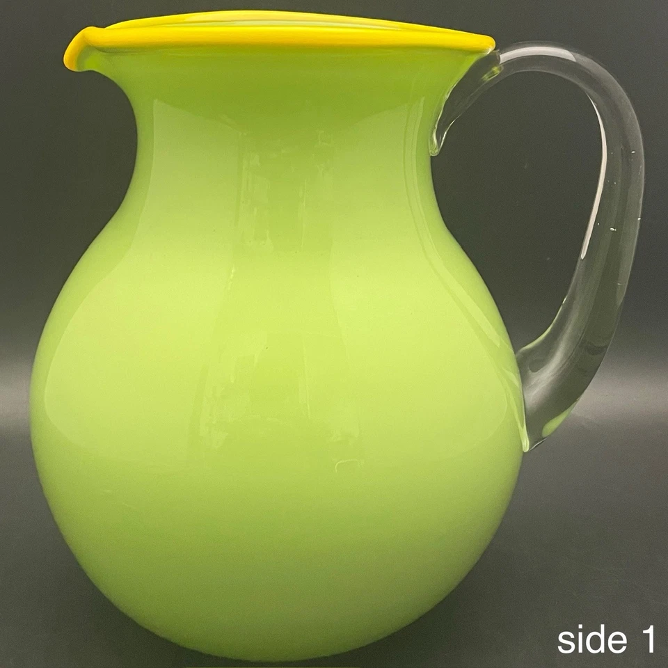 Studio Art Hand Blown Glass Lime Green & Yellow Pitcher/Jug Made in USA 2 quart - Image 2 of 4