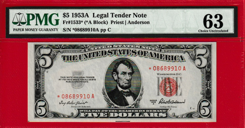 1953 A $5 LEGAL TENDER UNITED STATES NOTE STAR ⭐️ Fr.1511 S/N * 08689910 A PMG - Picture 2 of 3