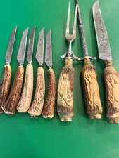 Vintage Wingen Othello Stainless engraved steak - Stag Handles Solingen Serving