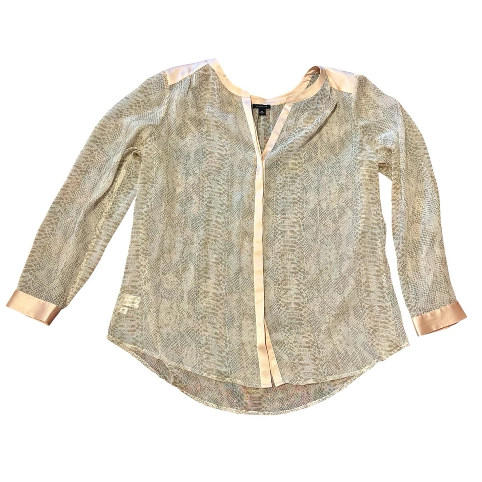 Blusa Ann Taylor Mujer Top XL Beige Borde Satinado Tranquila Lujo Romántico Trabajo Foto 2 de 4