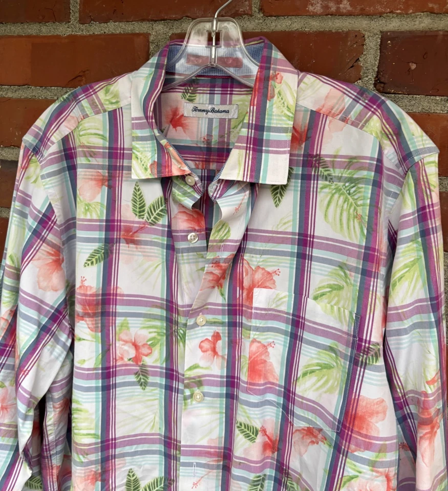 Men's TOMMY BAHAMA Pastel  Floral Plaid Cotton Silk Shirt L Large lknu - Image 3 of 4