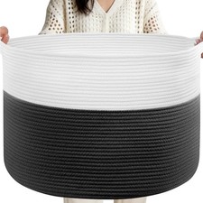 XXL Large Laundry Basket Soft Cotton Rope Basket, Blanket 90L Black  White