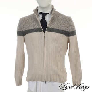 Boggi Milano Cashmere Blend Taupe Cream Grey Colorblock Zip Cardigan Sweater M
