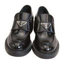 PRADA Triangle Logo Plate Chocolate Brushed Patent Leather Loafer 1D246M Black P