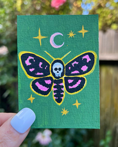 ACEO Original Painting- Fantasy Butterfly Skull Acrylic on Paper, Miniature