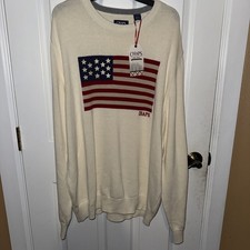 2XL Men s White / Cream Chaps Cotton Iconic Flag Crewneck Sweater New USA XXL