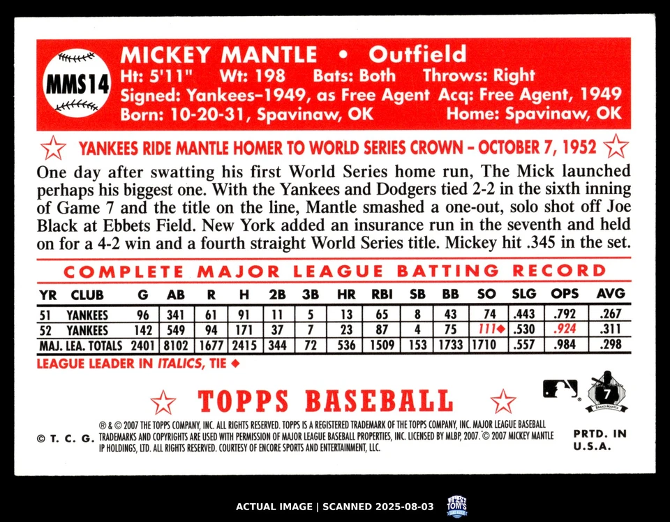 2007 Topps #MMS14 MICKEY MANTLE New York Yankees MT - Image 2 of 4