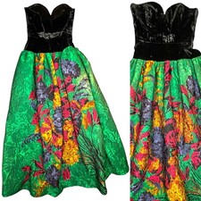 ODICINI COUTURE Vtg 80s Black Velvet Green Floral Evening Gown Sz IT 40 XS S