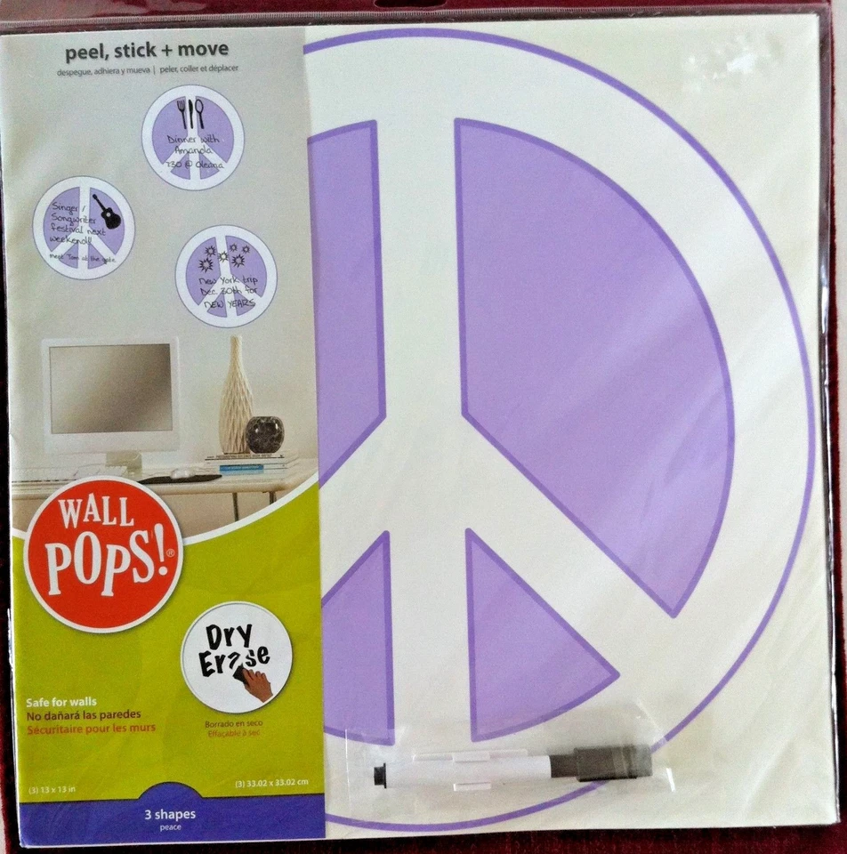 PKG of 3 LARGE PEACE SIGN WALL-POPS - 13" POP-ART Dry-Erase Msg Wall Decal - USA - Image 2 of 4