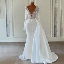 Boho Mermaid Wedding Dress Deep V-Neck Sulfur Sleeves Lace Sequined Bridal Gowns