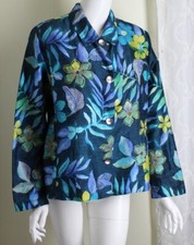 Chico's Sz 2 L 100 Silk Gorgeous Embroidered Blue Green Tropical Blazer Jacket