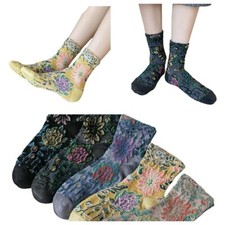 5 Pairs Women Cotton Floral Mid Calf Socks Stretch Sports Flower Crew Socks