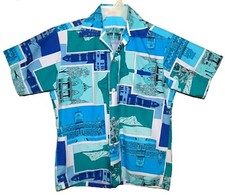 Vintage 1960's Sz M Sears Hawaii Aloha Shirt Tropical Post Cards Aqua Multi