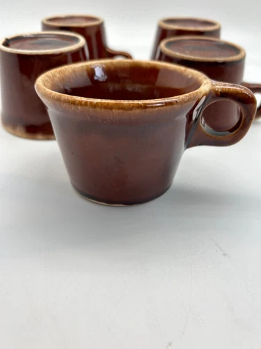 Vintage Hull USA Crestone Ovenproof Set of 5 Brown Drip Glaze Mugs 3in