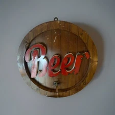 23.5" Large Metal Beer Keg W/Tap Sign Rustic Wood Look Man Cave Bar Decor