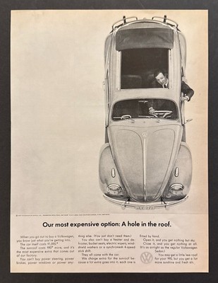 1963 VW Volkswagen Beetle photo ''Option: A Hole in the Roof'' vintage print ad