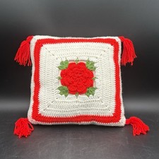 VTG 70's Handmade Crochet Toss Pillow Double Sided Grannycore Christmas Tassels