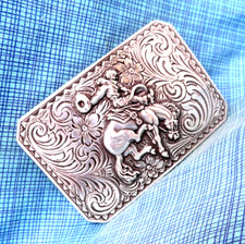 Cowboys Bronc Rider Belt Buckle Western Floral Scroll Vtg 80s Nocona .GMP380