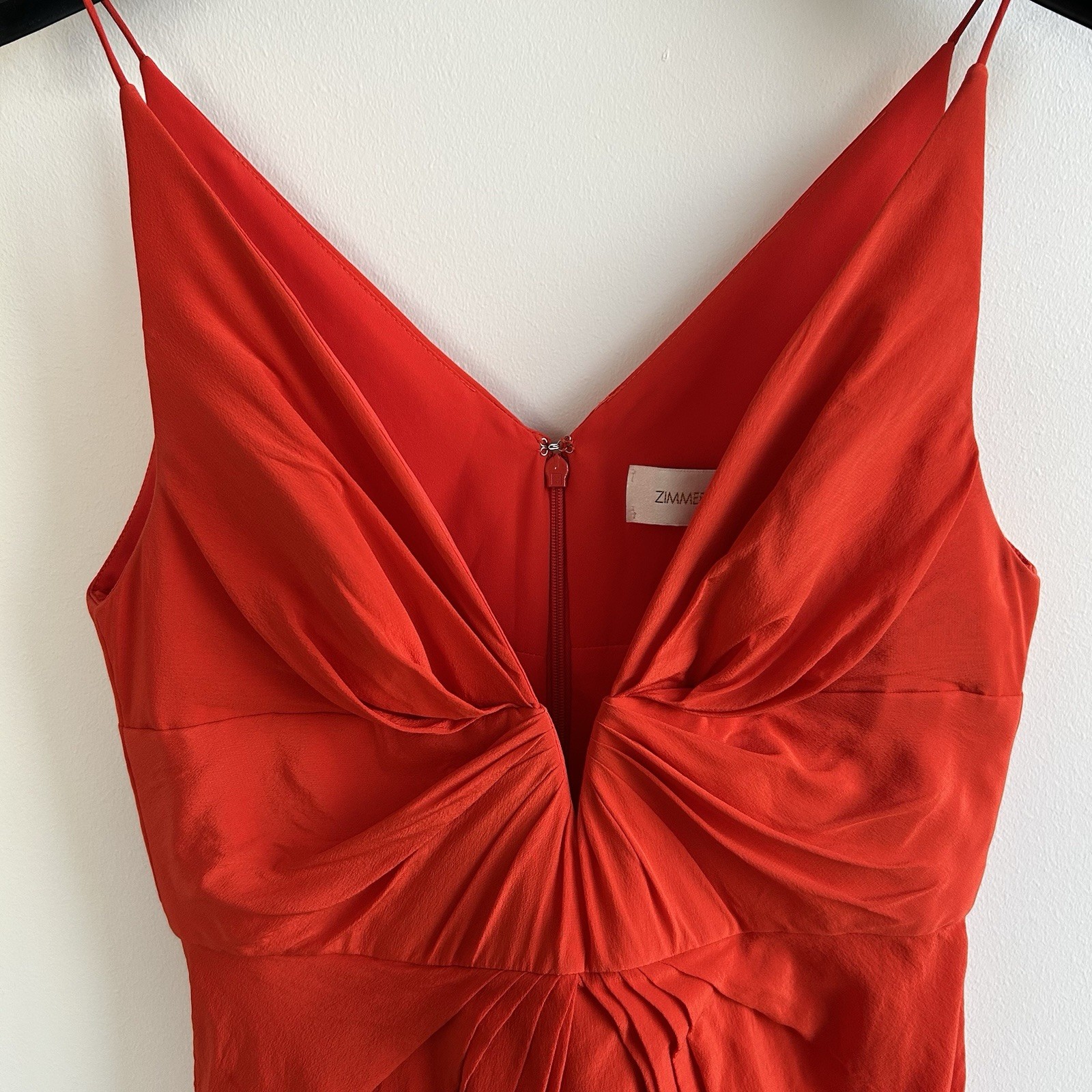 Zimmermann V Tuck Midi Dress Size 2 AU 12/US 8 Silk Red Orange Plunge Sleeveless