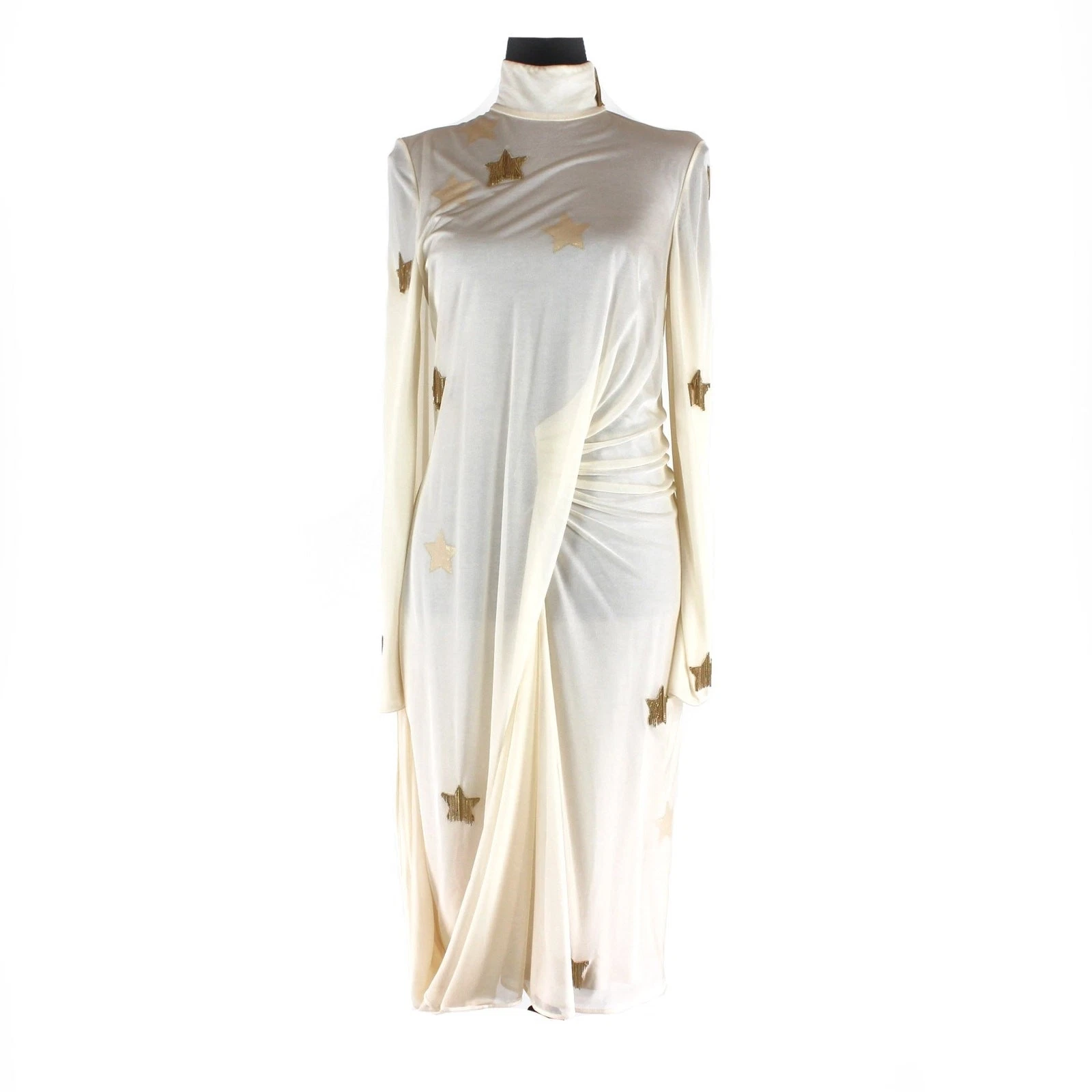 Burberry — Burberry Gold Star Chain Ivory Draping Long Sleeve Dress UK 8 NEW Mockneck EU 40