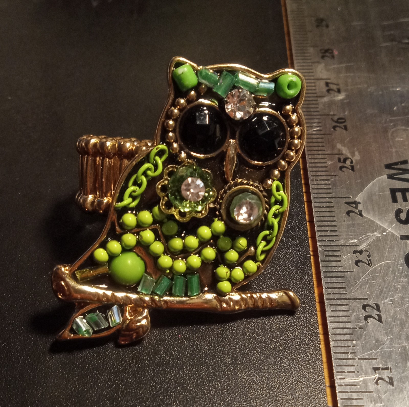Green Owl Adjustable Statement Ring Gold Tone Rhi… - image 10