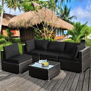5PCS Rattan Patio Conversation Set Sofa Furniture Set w/ Black Cushions