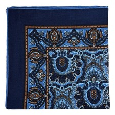 Navy Blue  Brown Medallion Wool/Silk Pocket Square Hand-Rolled in England 