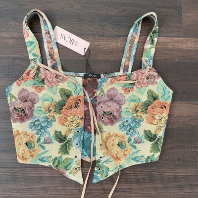 Micas Tapestry Corset Top Multicolor Floral Lace Up Handkerchief Hem Large