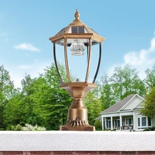 20" Gold LED Solar Post Light Lantern Outdoor Pillar Lamp Dusk To Dawn w Remote
