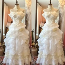 Wedding Dress Strapless Lace Ruffled Off Shoulder 3D Flower Vintage Bridal Gown