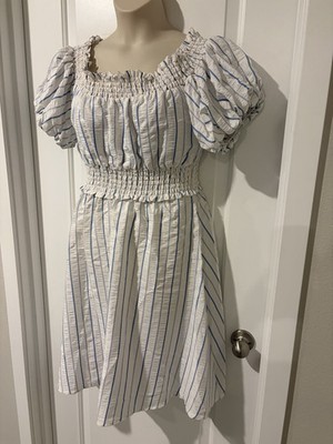 Calvin Klein Puff Sleeve Milkmaid Dress~14~White Striped Gathered Waist Full Skt